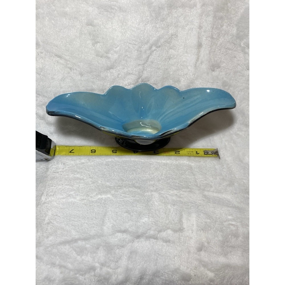 Vintage Mid Century Turquoise Black Ceramic Console Bowl Footed Planter Retro